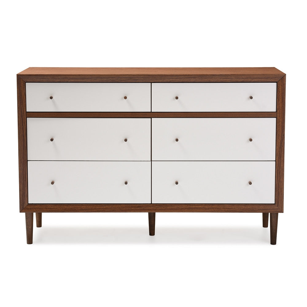 Harry Mid-Century White/Walnut 6-Drawer Dresser - living-essentials