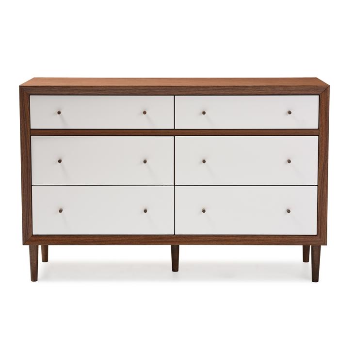 Bree Mid-Century Modern Scandinavian Style White and Walnut Wood 6-Drawer Storage Dresser