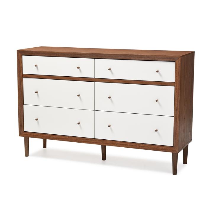 Bree Mid-Century Modern Scandinavian Style White and Walnut Wood 6-Drawer Storage Dresser