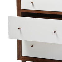 Bree Mid-Century Modern Scandinavian Style White and Walnut Wood 6-Drawer Storage Dresser