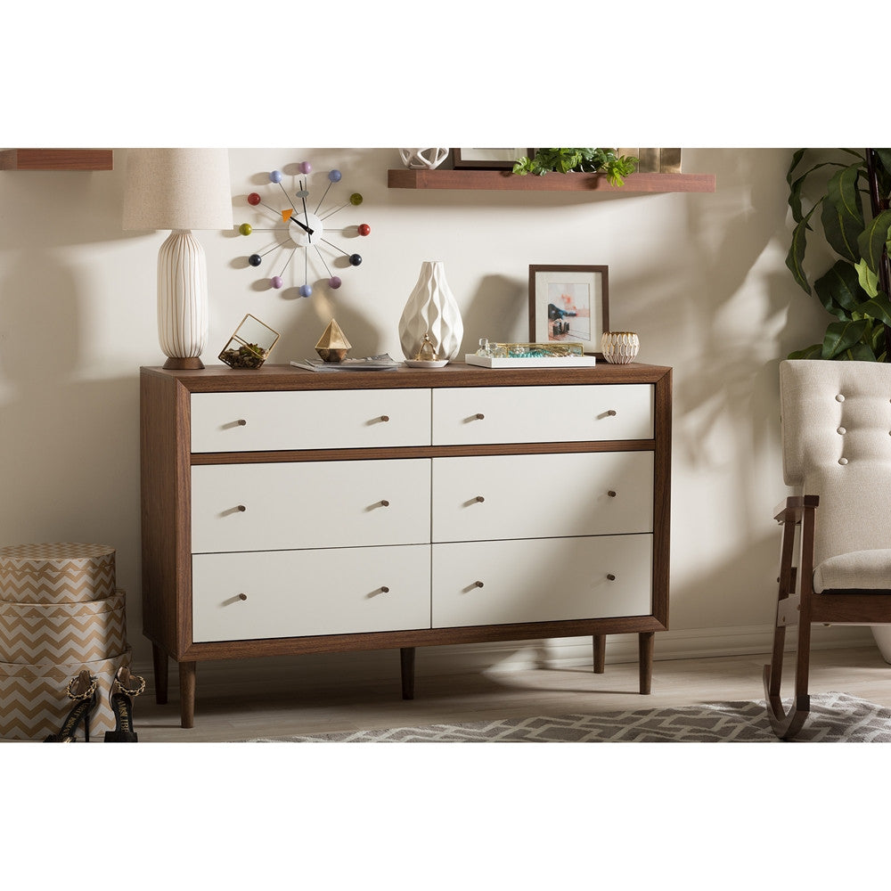 Harry Mid-Century White/Walnut 6-Drawer Dresser - living-essentials