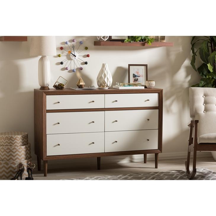 Bree Mid-Century Modern Scandinavian Style White and Walnut Wood 6-Drawer Storage Dresser
