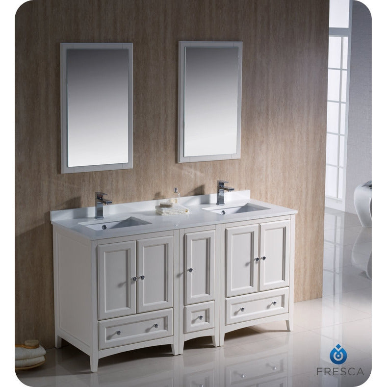 Fresca Oxford 60" Antique White Traditional Double Sink Bathroom Vanity w/ Side Cabinet - living-essentials