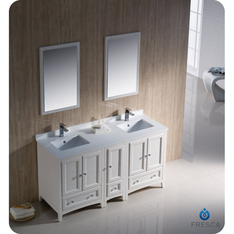 Fresca Oxford 60" Antique White Traditional Double Sink Bathroom Vanity w/ Side Cabinet - living-essentials