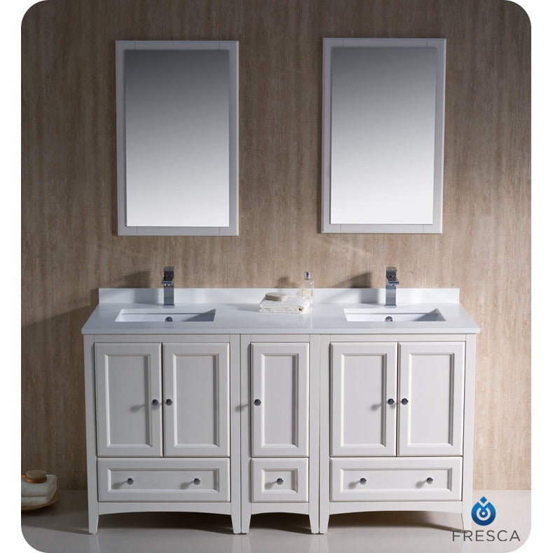Fresca Oxford 60" Antique White Traditional Double Sink Bathroom Vanity w/ Side Cabinet - living-essentials