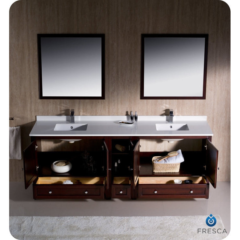 Fresca Oxford 84" Mahogany Traditional Double Sink Bathroom Vanity w/ Side Cabinet - living-essentials