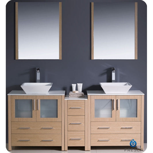 Fresca Torino 72" Light Oak Modern Double Sink Bathroom Vanity w/ Side Cabinet & Vessel Sinks - living-essentials