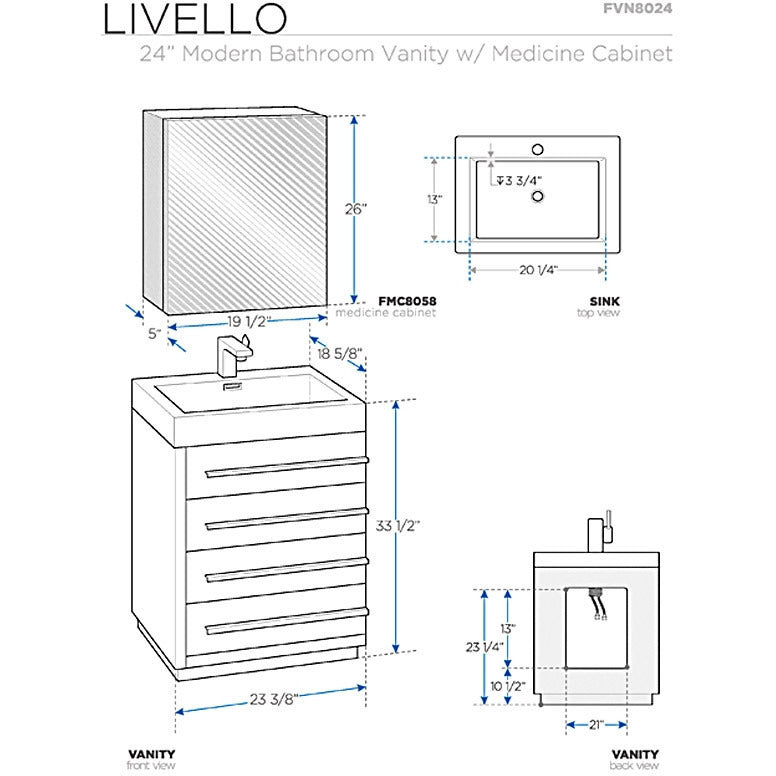 Fresca Livello 24" Gray Oak Modern Bathroom Vanity w/ Medicine Cabinet - living-essentials