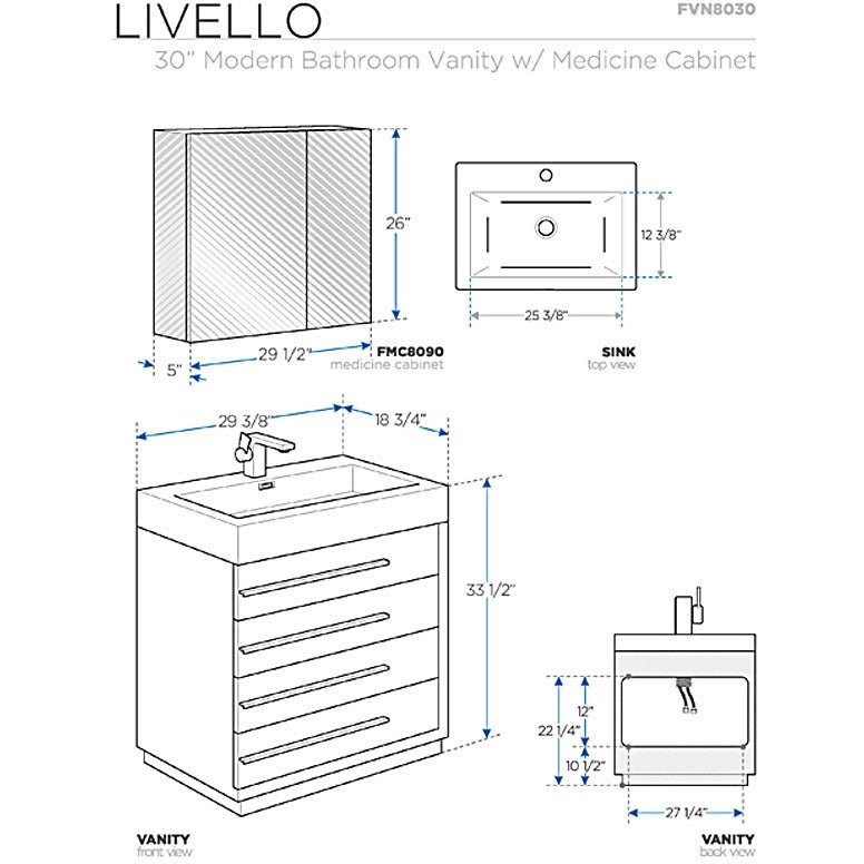 Fresca Livello 30" Gray Oak Modern Bathroom Vanity w/ Medicine Cabinet - living-essentials