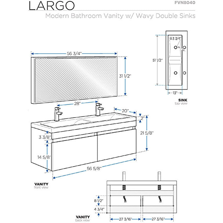 Fresca Largo White Modern Bathroom Vanity w/ Wavy Double Sinks - living-essentials