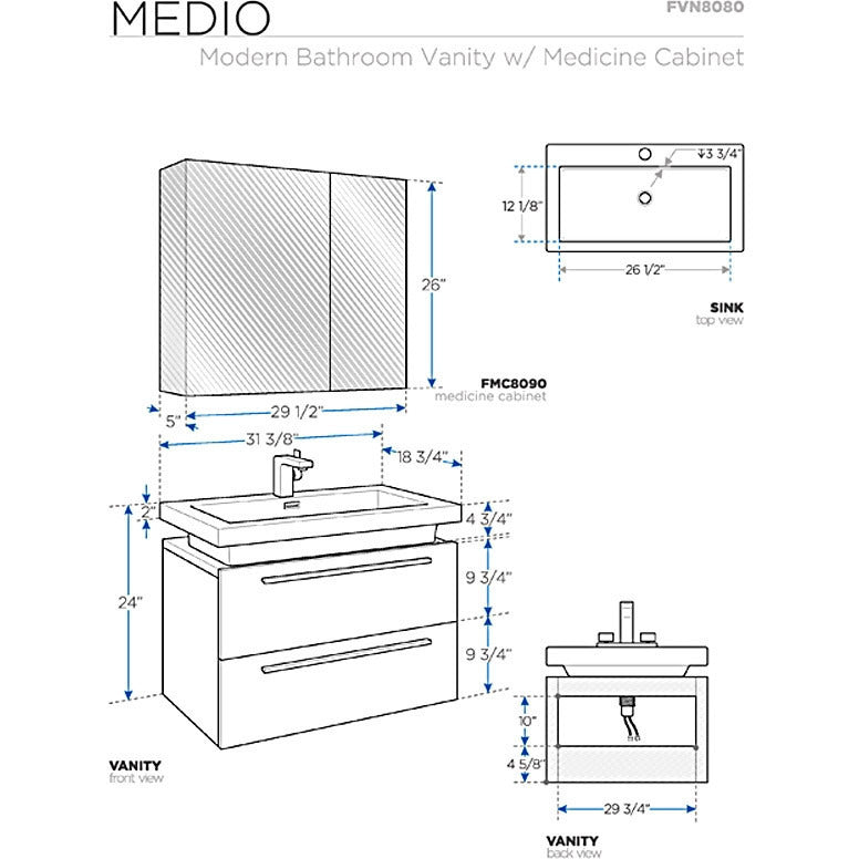 Fresca Medio White Modern Bathroom Vanity w/ Medicine Cabinet - living-essentials