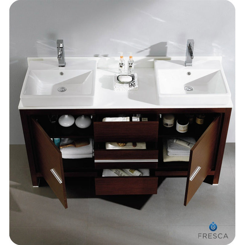 Fresca Allier 60" Wenge Brown Modern Double Sink Bathroom Vanity w/ Mirror - living-essentials