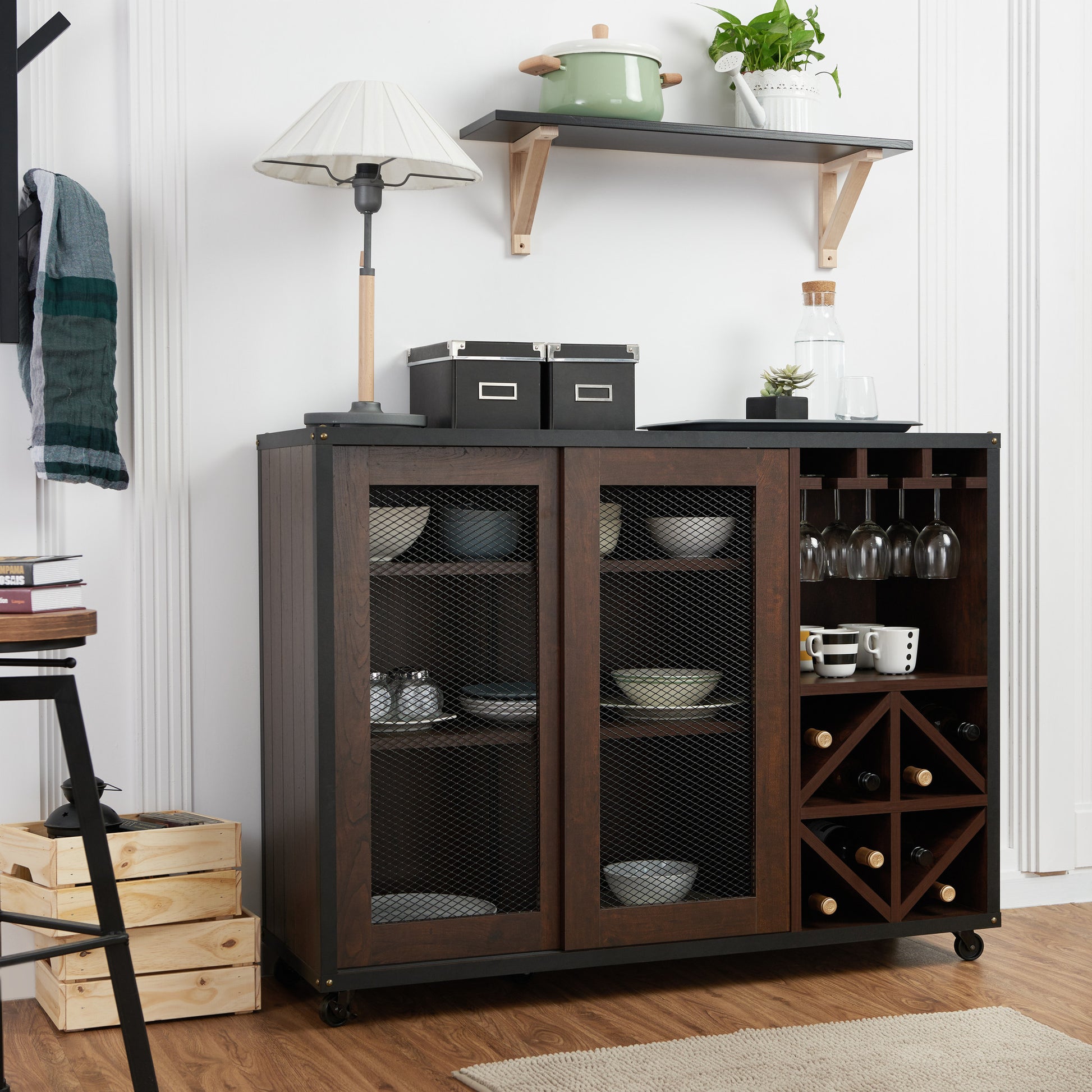Alonzo Industrial Sliding Door Dining Server in Walnut - living-essentials