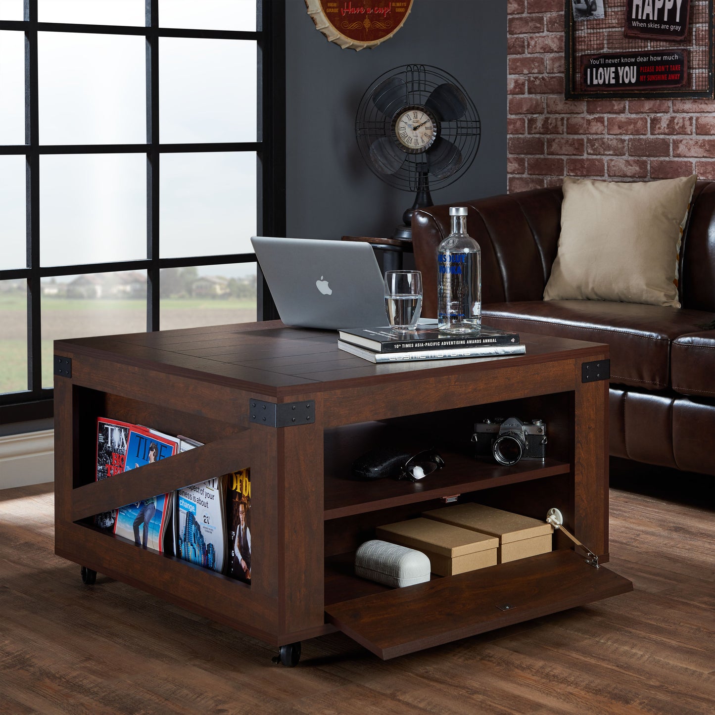 Ketner Industrial Multi-Storage Coffee Table in Vintage Walnut - living-essentials