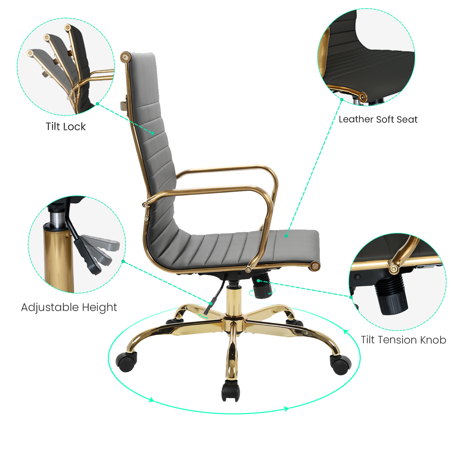 Harris High-Back Faux Leather Office Chair With Gold Frame