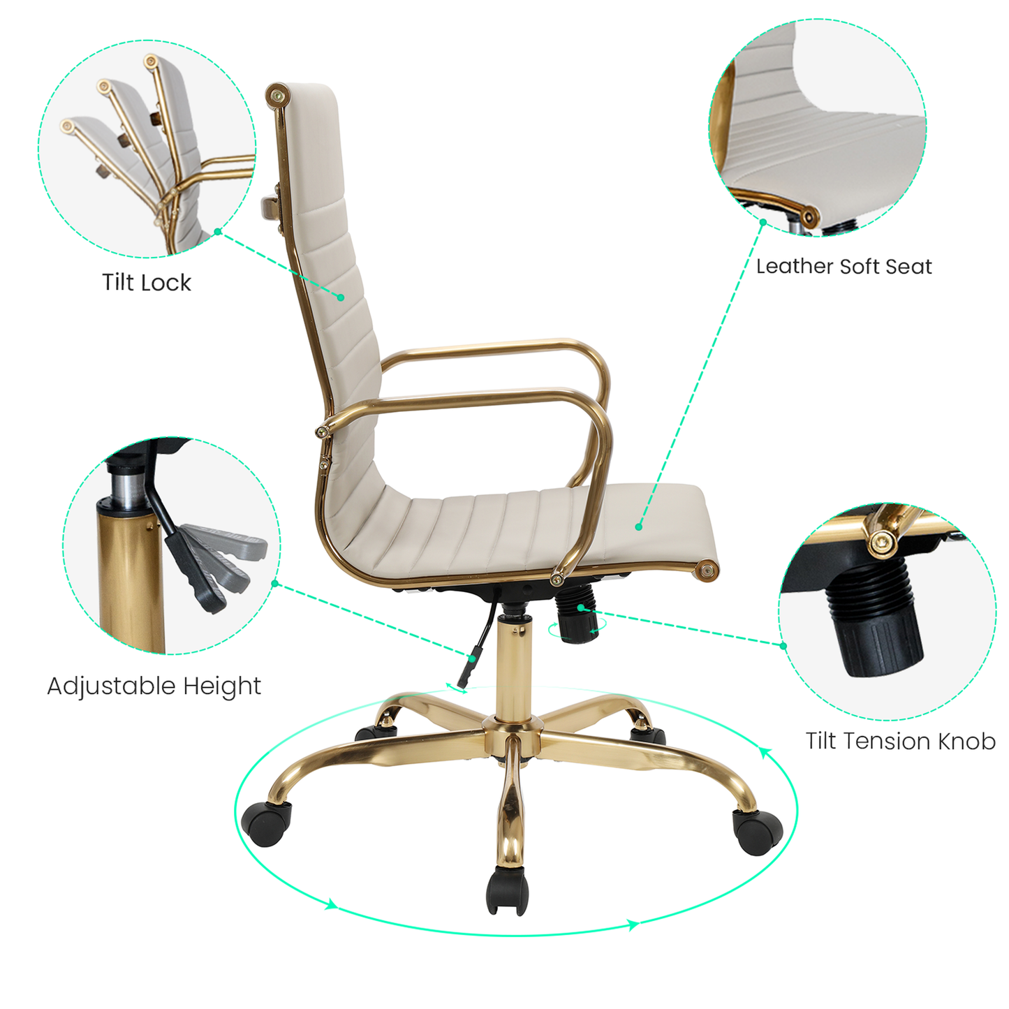 Harris High-Back Faux Leather Office Chair With Gold Frame