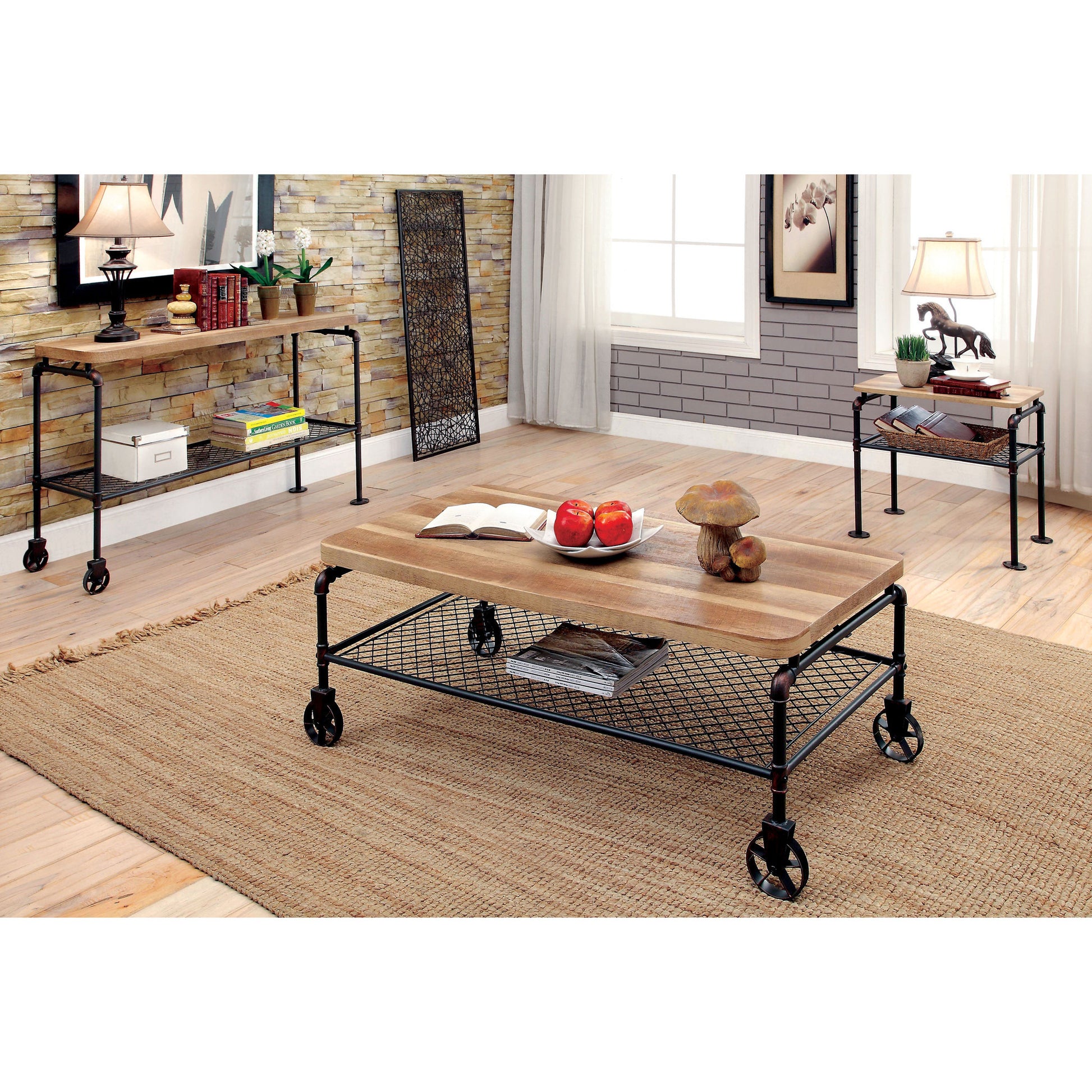 Inell Industrial Pipe-Inspired Coffee Table in Antique Black - living-essentials