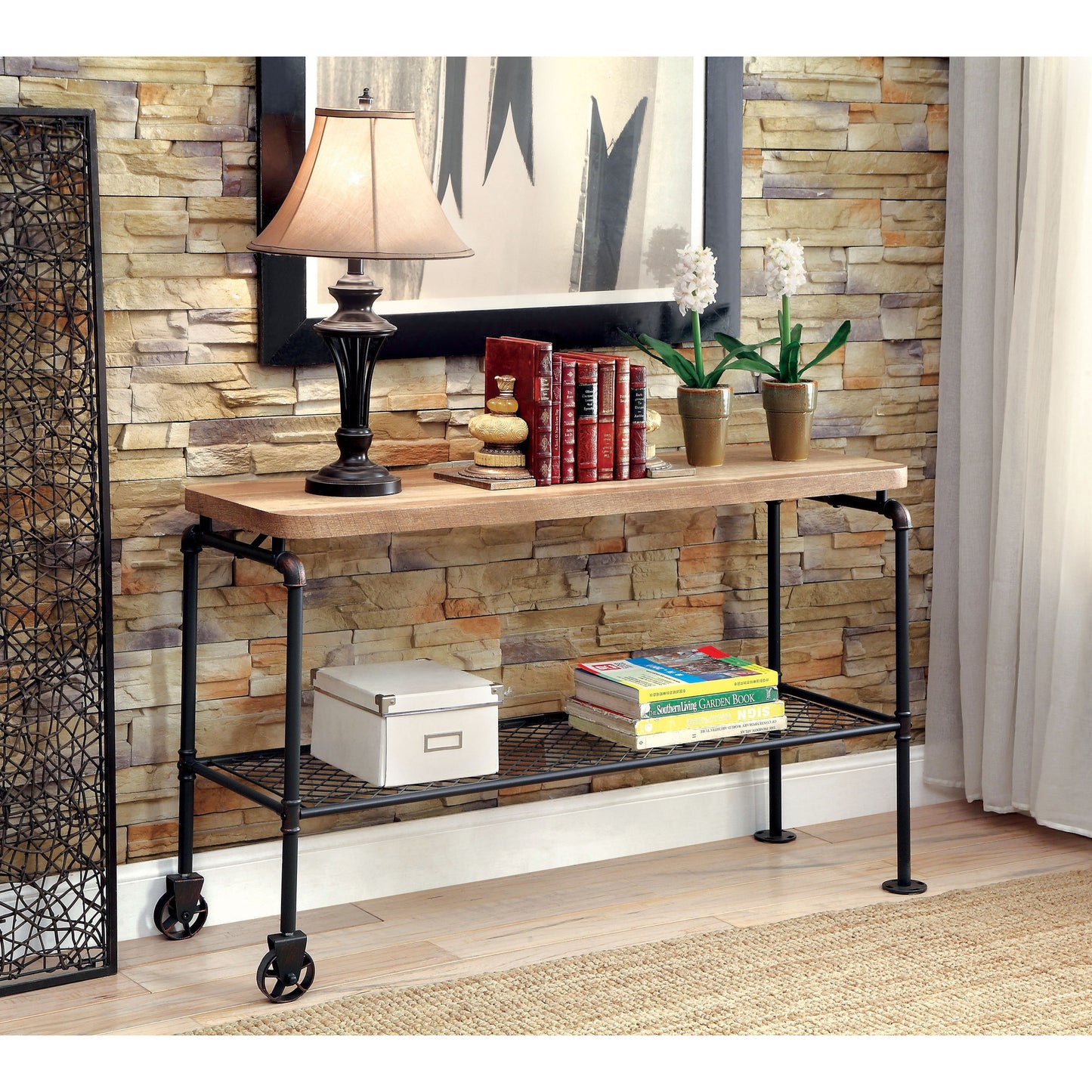 Inell Industrial Pipe-Inspired Sofa Table in Antique Black - living-essentials