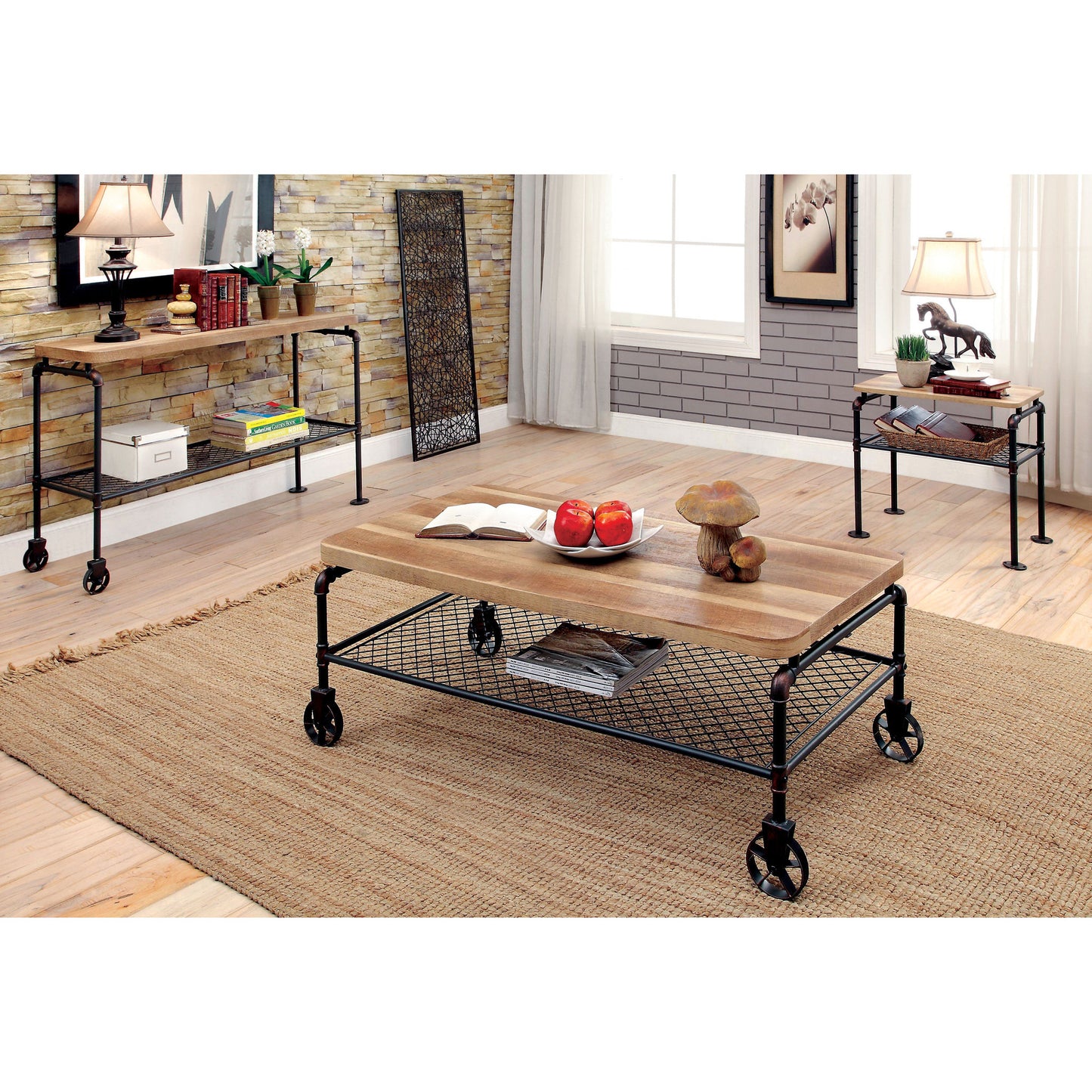 Inell Industrial Pipe-Inspired Sofa Table in Antique Black - living-essentials