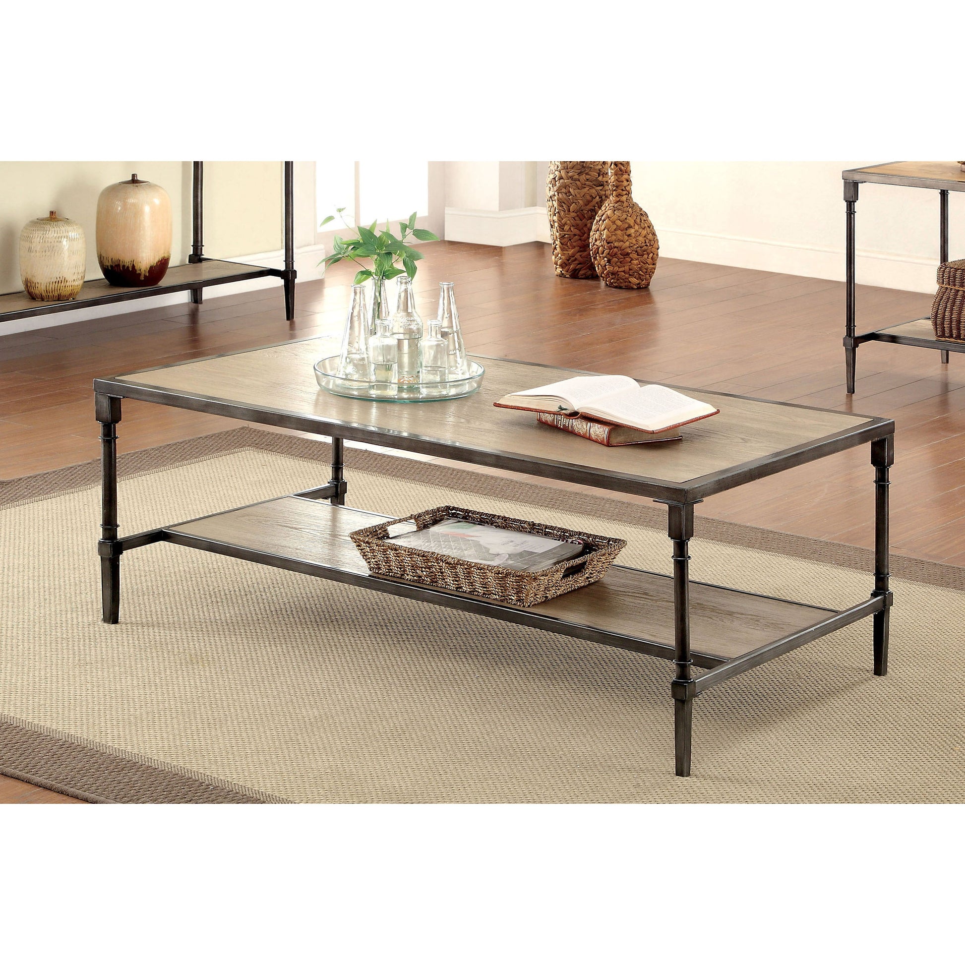 Drester Contemporary Metal Coffee Table in Natural Oak - living-essentials