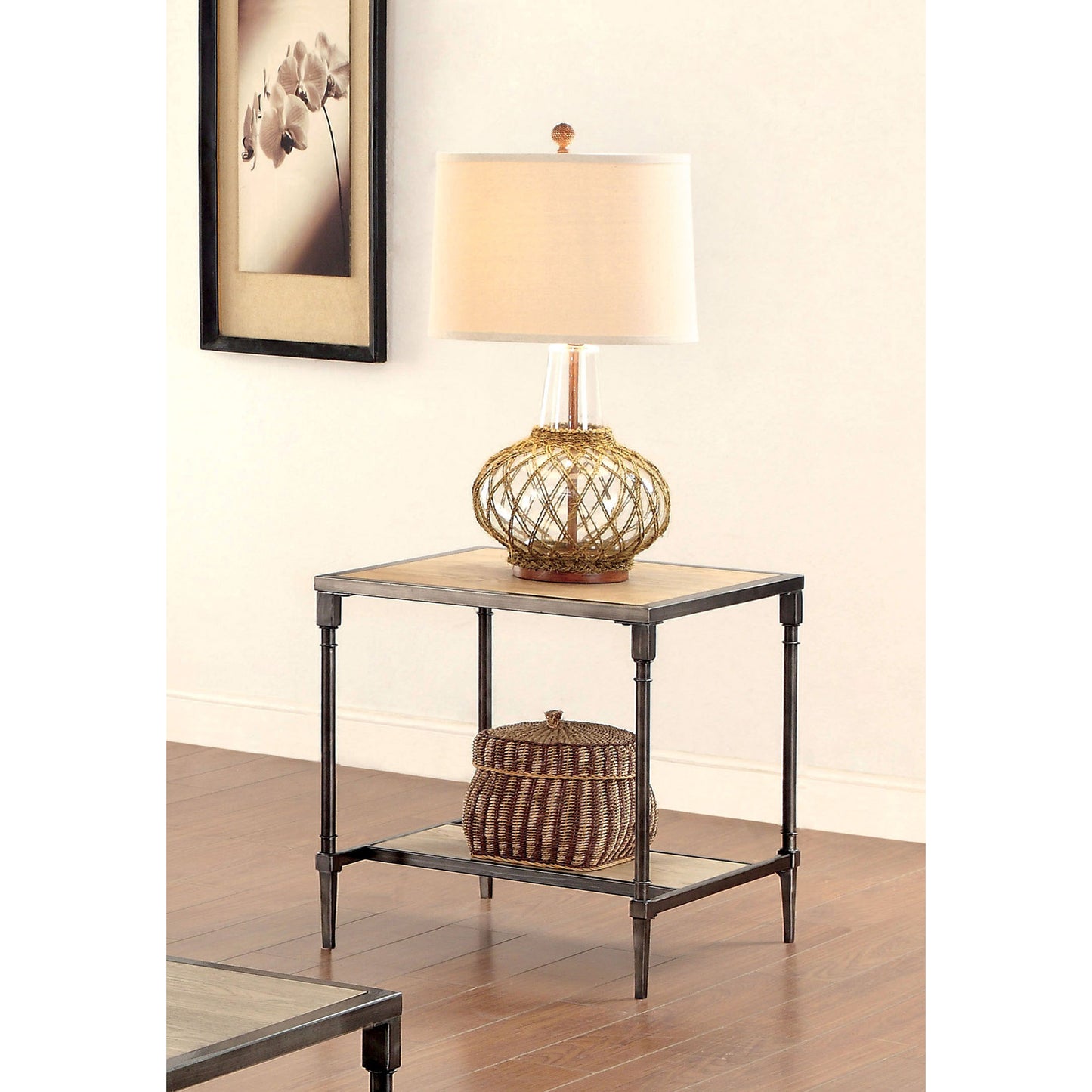 Drester Contemporary Metal End Table in Natural Oak - living-essentials