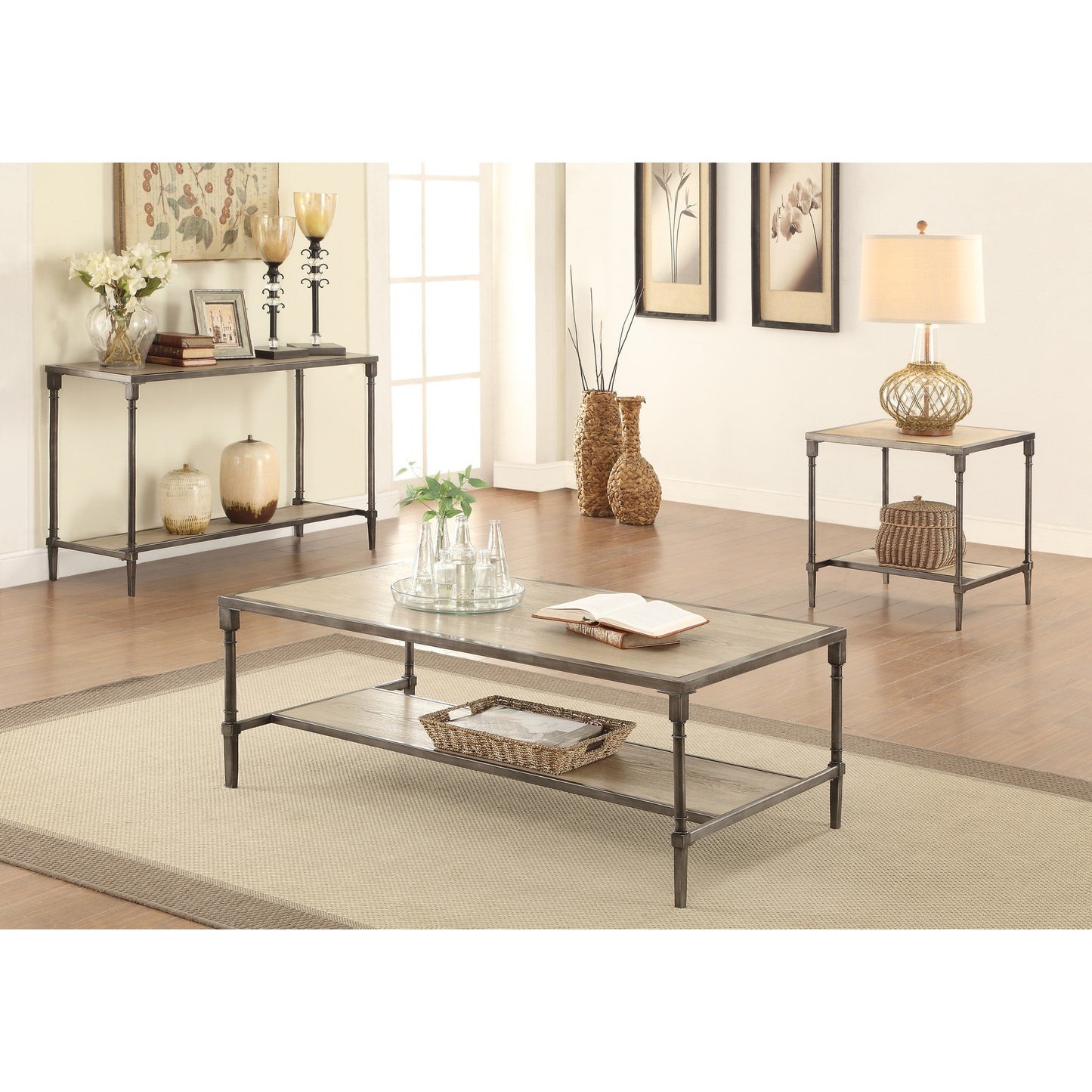 Drester Contemporary Metal Sofa Table in Natural Oak - living-essentials