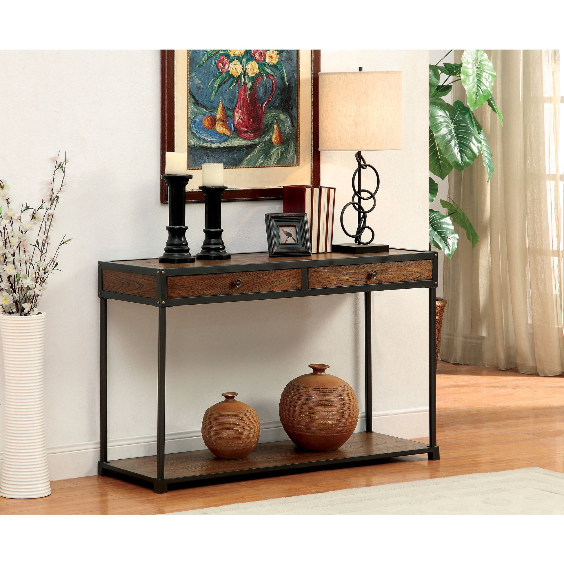 Ashwin Transitional Storage Sofa Table in Antique Oak - living-essentials