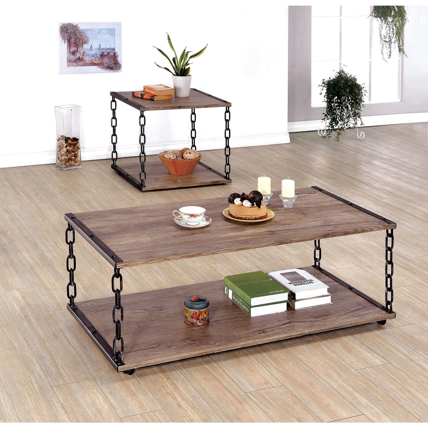Parcey Transitional Chain Link Coffee Table in Powder Coated Black and Brushed Silver - living-essentials