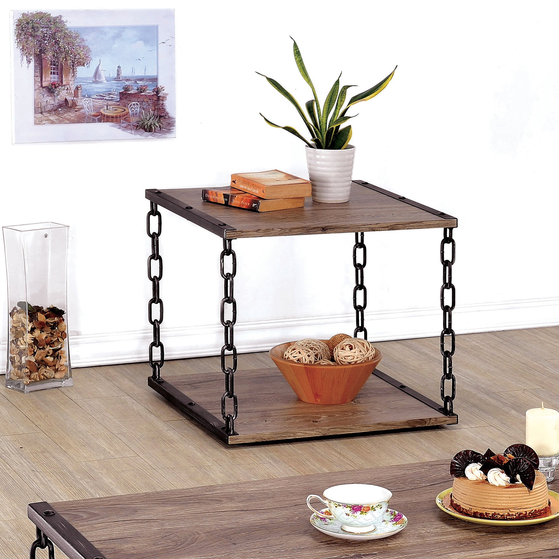Parcey Transitional Chain Link End Table in Powder Coated Black and Brushed Silver - living-essentials