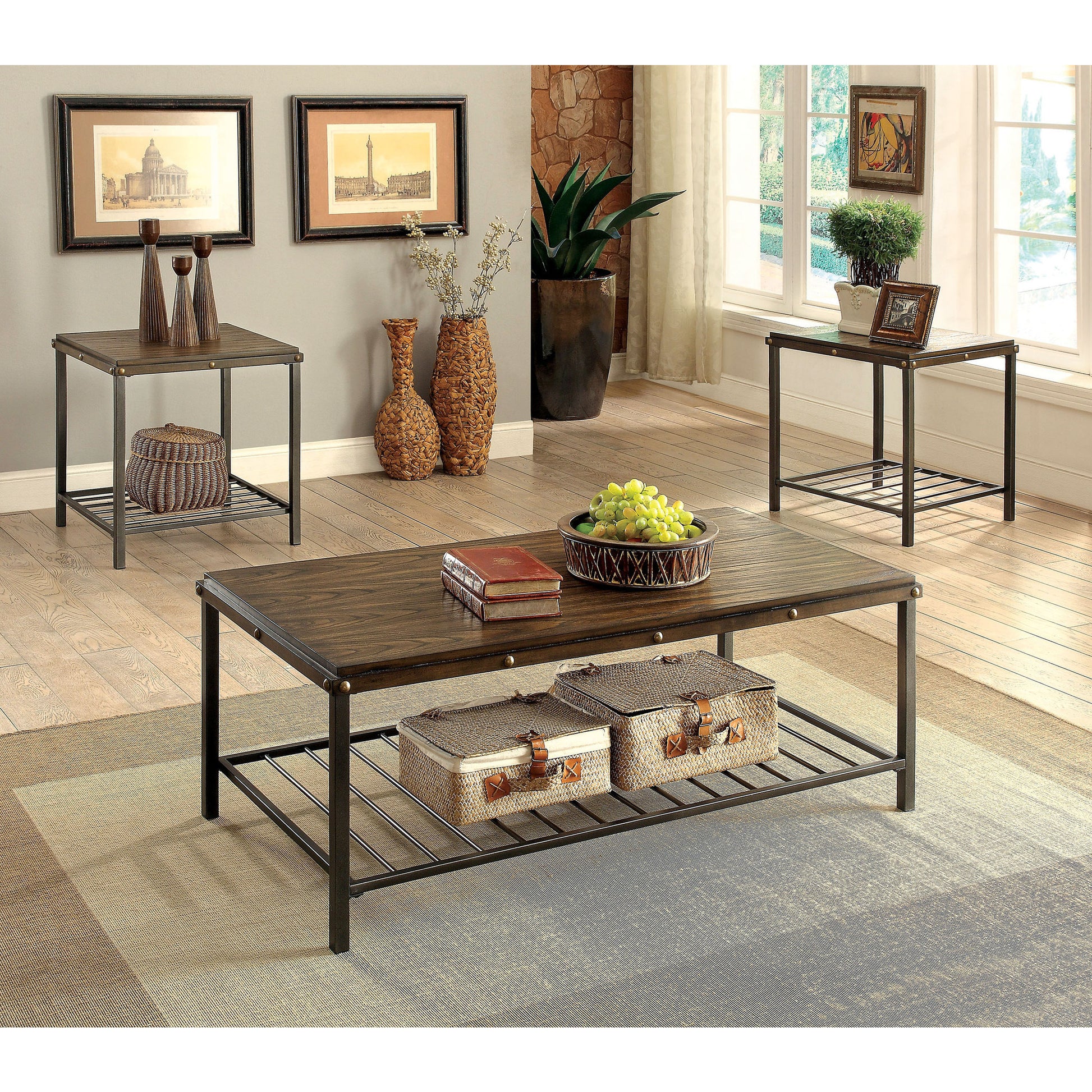 Lida Transitional 3-Piece Coffee and End Table Set in Dark Oak - living-essentials