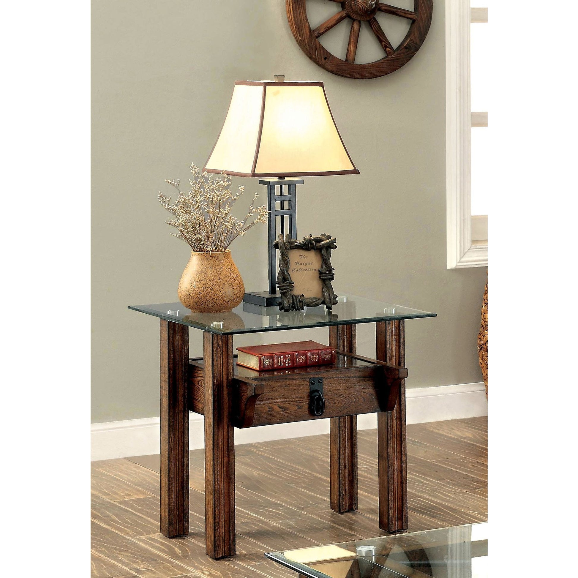 Callen Transitional Glass End Table in Medium Weathered Oak - living-essentials