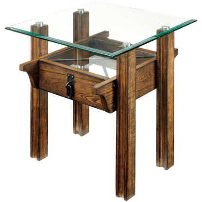 Callen Transitional Glass End Table in Medium Weathered Oak - living-essentials