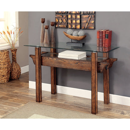 Callen Transitional Glass Sofa Table in Medium Weathered Oak - living-essentials