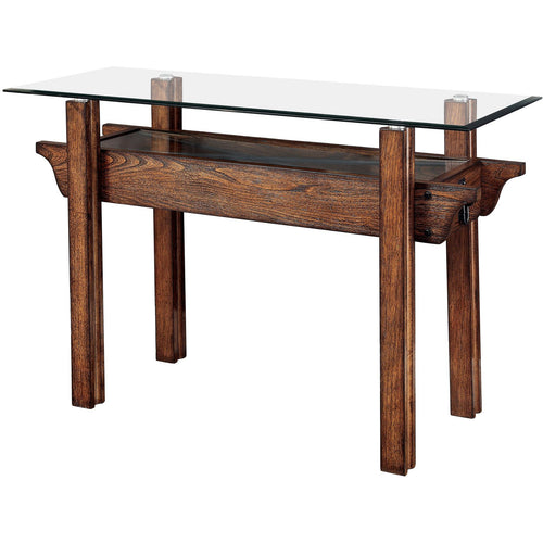 Callen Transitional Glass Sofa Table in Medium Weathered Oak - living-essentials