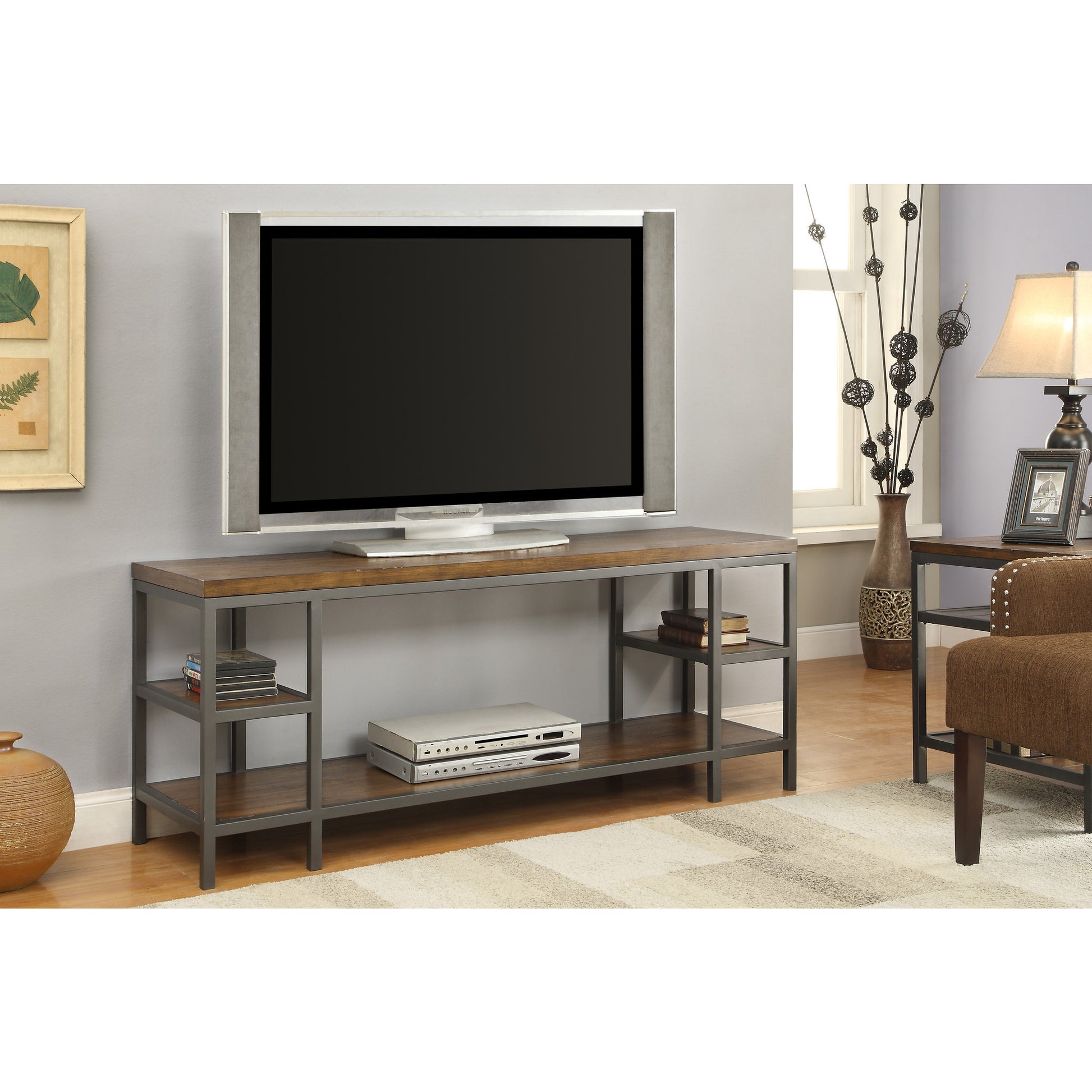 Bartoll Transitional Tiered 60-Inch TV Console in Dark Oak - living-essentials