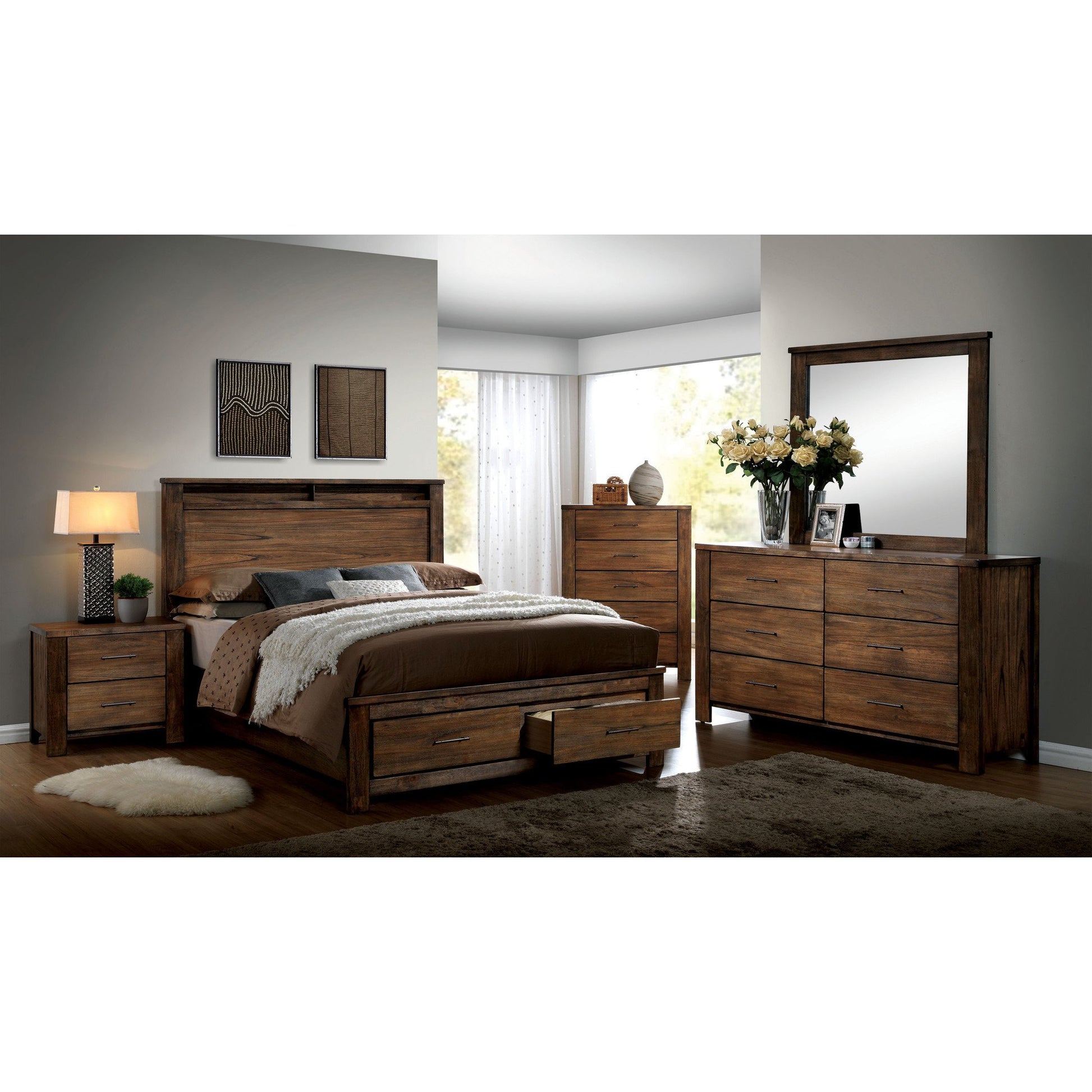 Saige Transitional Queen Storage Platform Bed in Oak - living-essentials