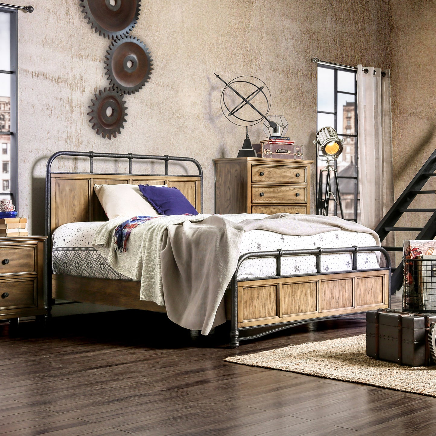 Yeller Industrial Pipe-Inspired California King Bed in Dark Oak - living-essentials