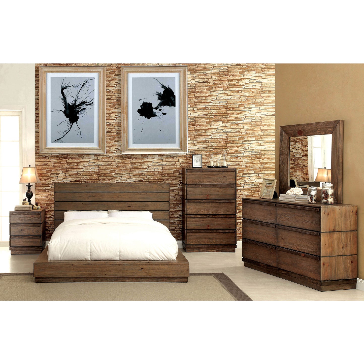 Boggs Transitional Low Profile California King Bed in Rustic Natural Tone - living-essentials