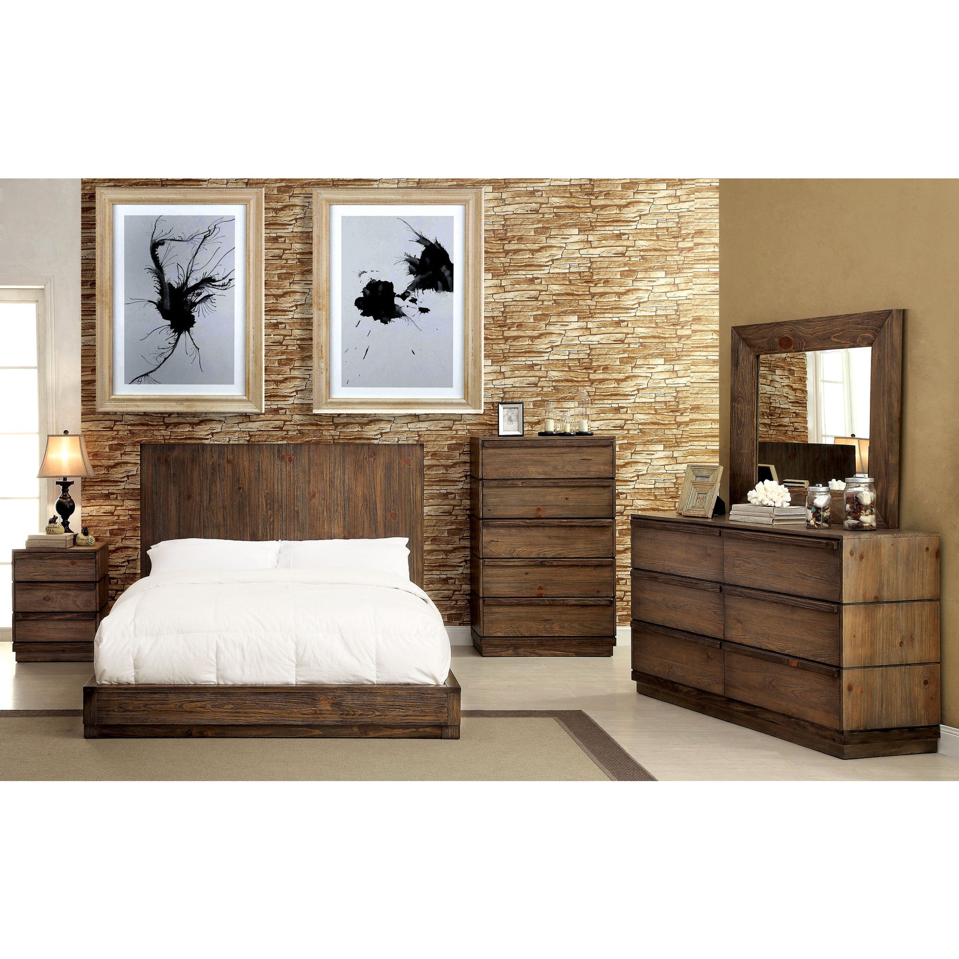 Verda Transitional Low Profile California King Bed in Rustic Natural Tone - living-essentials