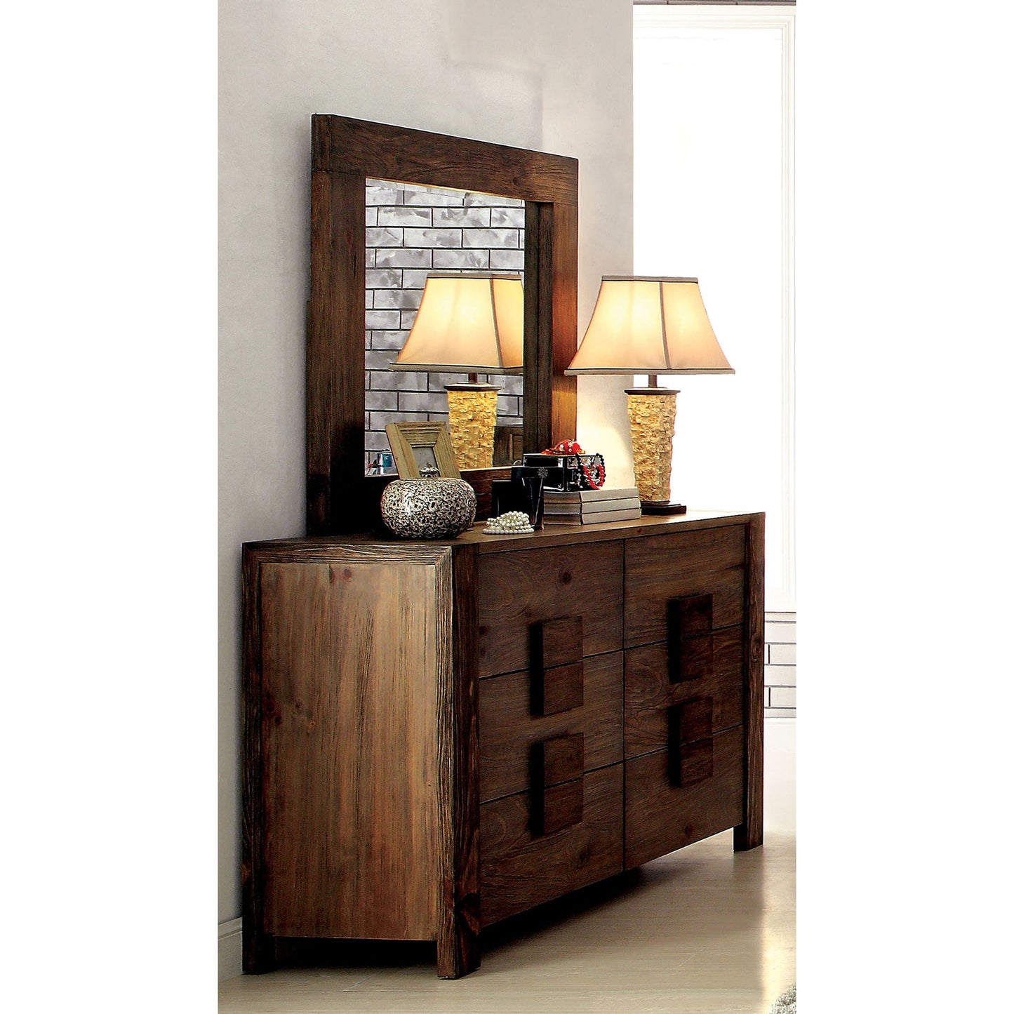 Moline Transitional Dresser and Mirror Set in Rustic Natural Tone - living-essentials