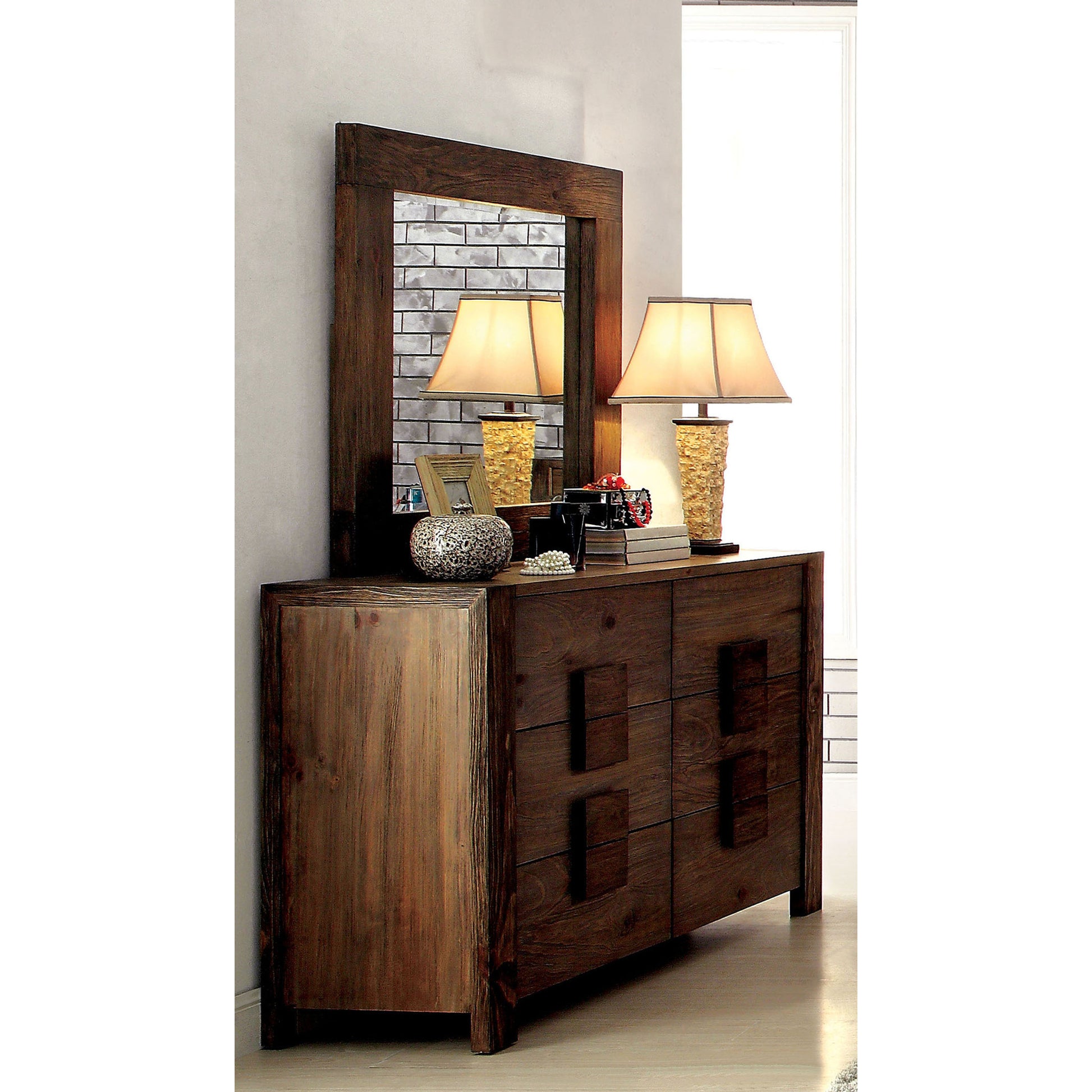 Moline Transitional Dresser and Mirror Set in Rustic Natural Tone - living-essentials