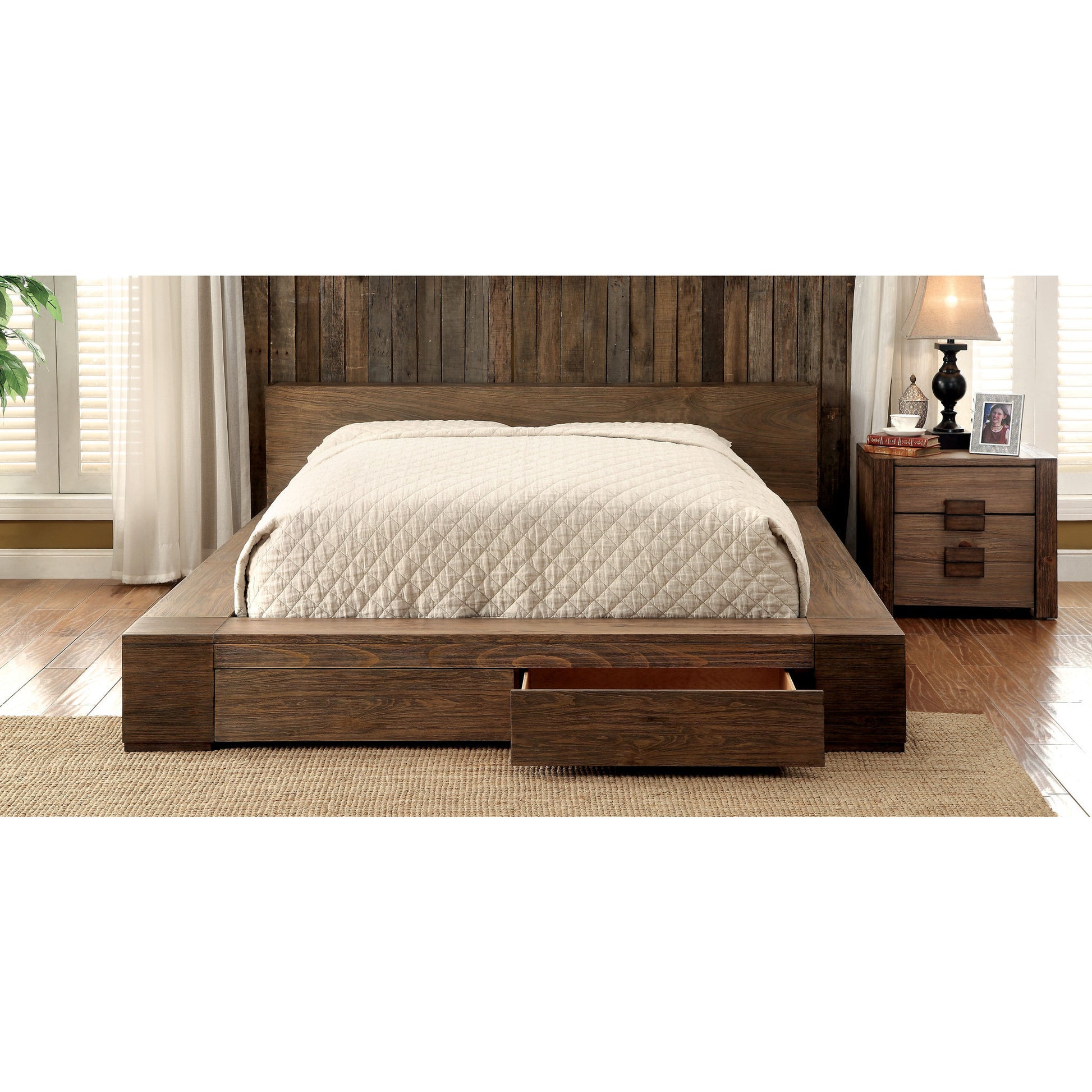 Moline II Transitional Low Profile California King Storage Platform Bed in Rustic Natural Tone - living-essentials