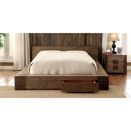Moline II Transitional Low Profile California King Storage Platform Bed in Rustic Natural Tone - living-essentials