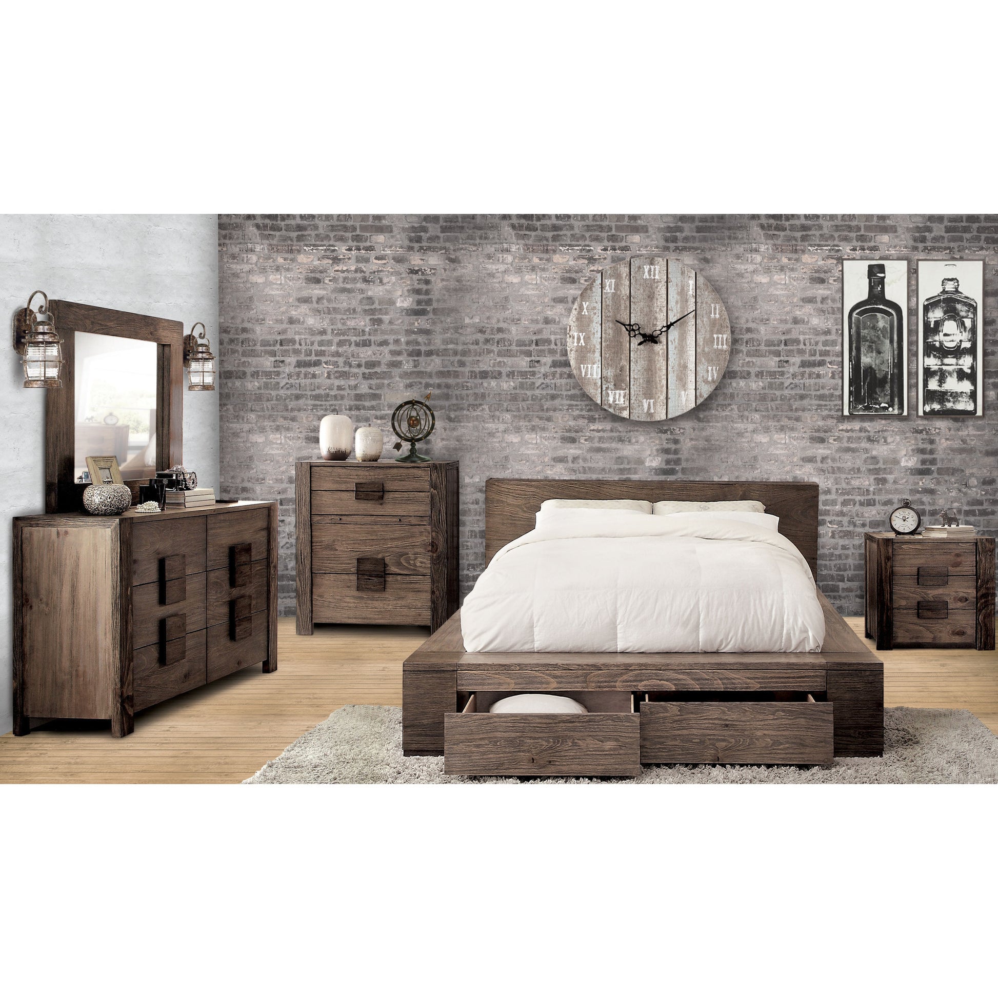 Moline II Transitional Low Profile California King Storage Platform Bed in Rustic Natural Tone - living-essentials