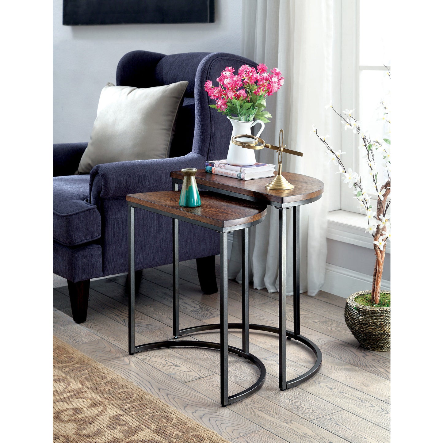 Vanne Industrial Half-Moon Nesting Table Set in Medium Weathered Oak - living-essentials