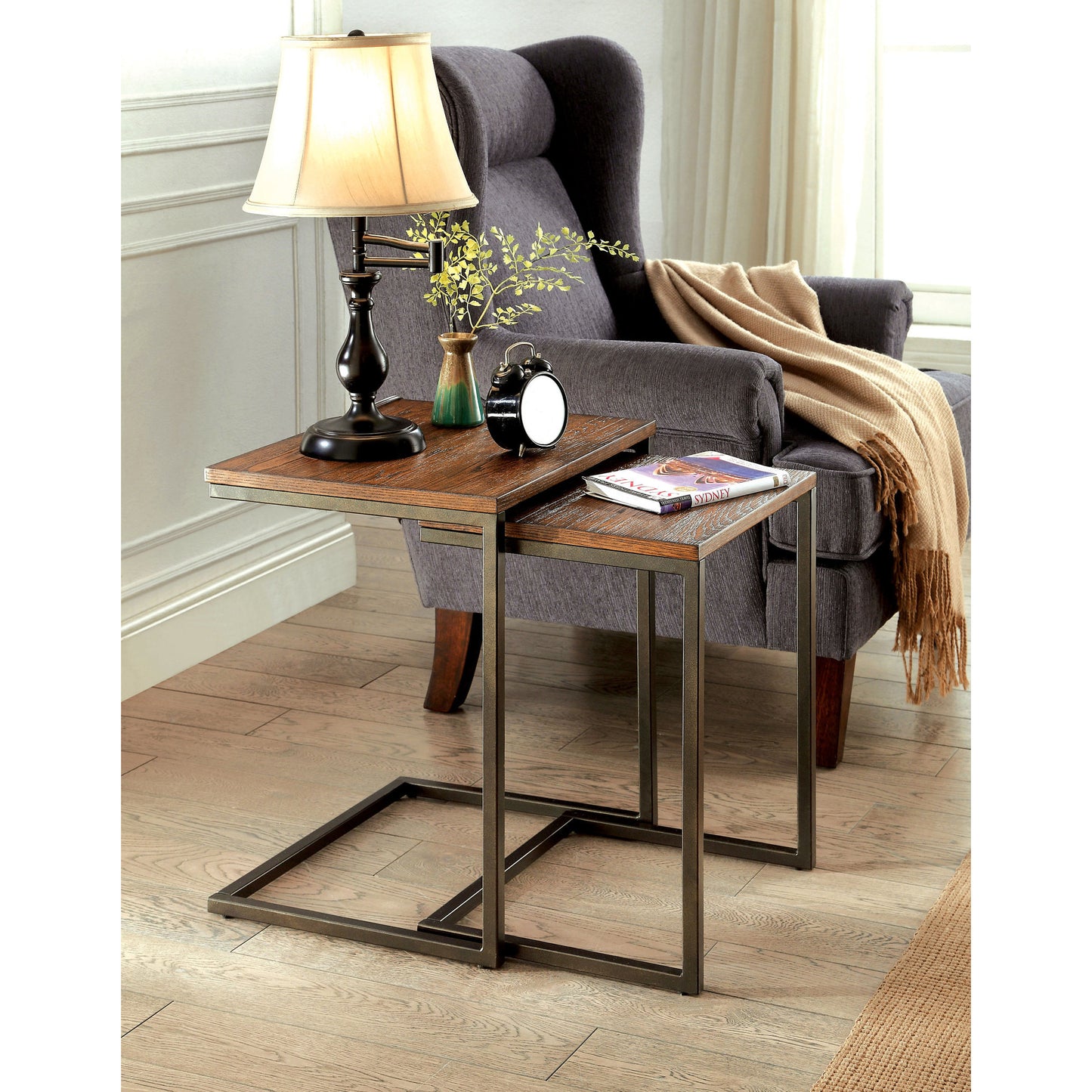 Vania Industrial Rectangular Nesting Table Set in Medium Weathered Oak - living-essentials
