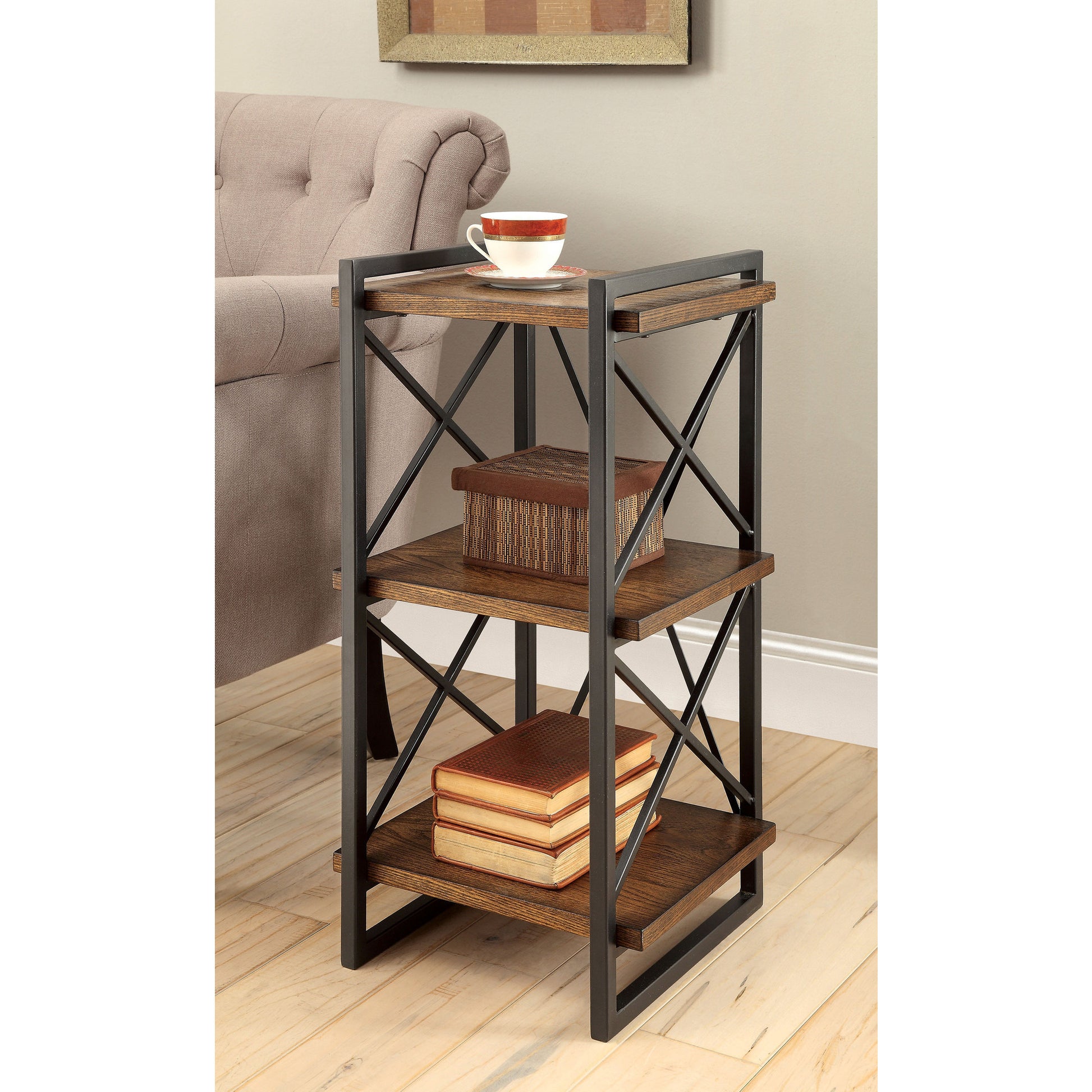 Donte I Transitional 3-Tier Display Shelf in Medium Weathered Oak - living-essentials