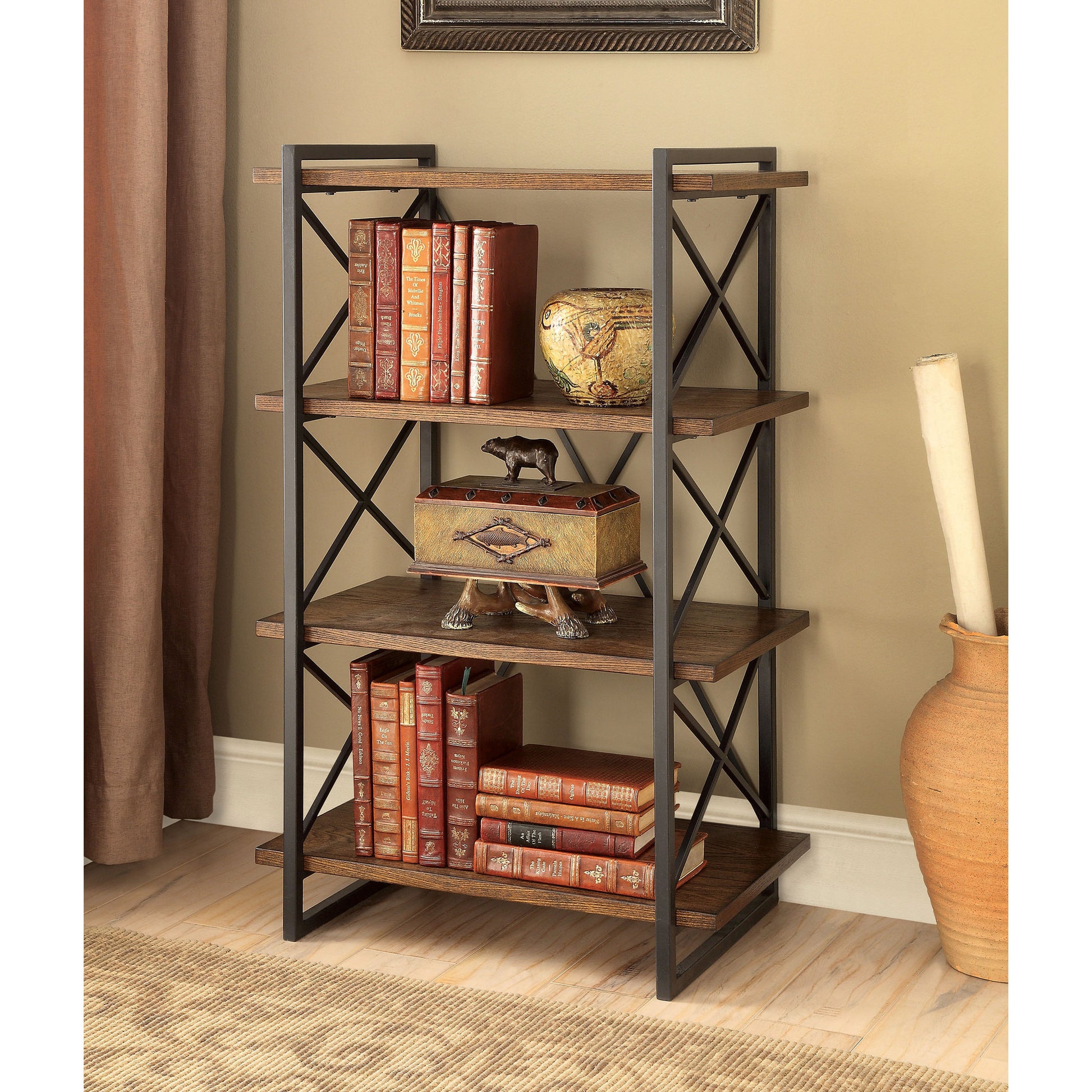 Donte III Transitional 4-Tier Display Shelf in Medium Weathered Oak - living-essentials