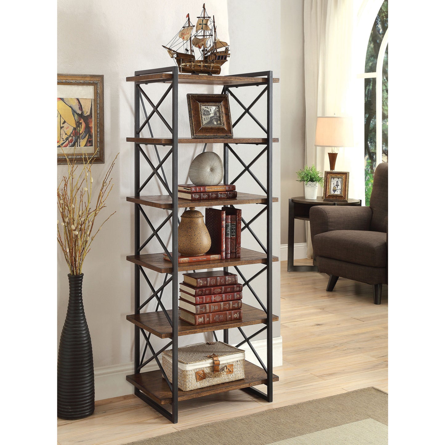 Donte IV Transitional 6-Tier Display Shelf in Medium Weathered Oak - living-essentials