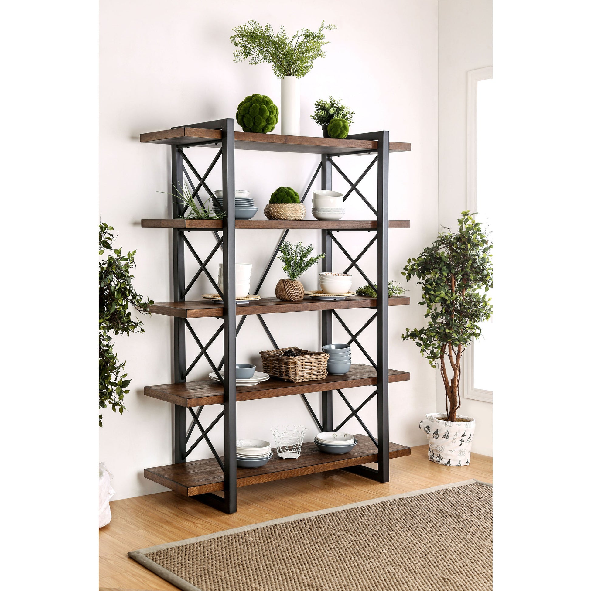Donte V Transitional 5-Tier Display Shelf in Medium Weathered Oak - living-essentials